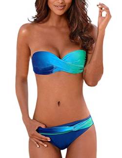 xxxiticat Damen Sexy trägerlose Bikini-Sets Bandeau Twist Front gepolsterter Farbverlauf Bunt zweiteiliger Badeanzug Badeanzug, 2 Stück, blau., Large von xxxiticat