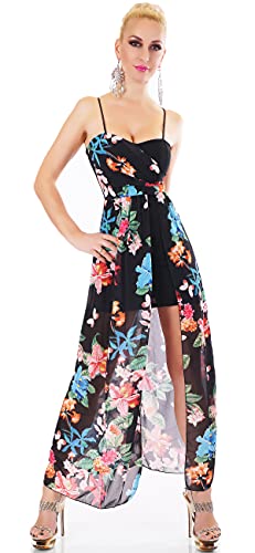 Italy Damen Mini Kleid Chiffon Schleppe geblümt Träger Party Fest Sommer 34-38 (Schwarz) von xy