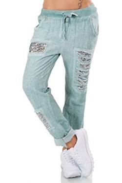 xy Damen Italien Hose Leinen Jogpants Mix Baggy Boyfriend Fetzen Pailletten 36-40 One Size (grün) von xy