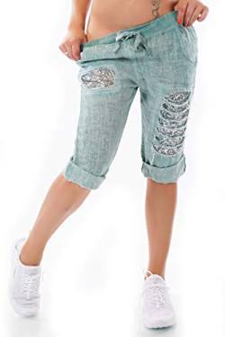 xy Italy Damen Capri Bermuda Shorts Hose Leinen Jogpants Pailletten Risse Fetzen One Size 36-40 (Grün) von xy