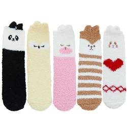 Kuschelige Damensocken mit Cartoon-Tiermotiv, flauschig, weich, dick, flauschig, 5 Paar, Einheitsgröße, Baumwolle, Ohne Edelstein von yeeplant