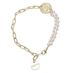 yeeplant Gefälschtes Perlenarmband für Mädchen mit Münzanhänger – Handschmuck, modisches Kettenarmband, Legierung und künstliche Perlen, Kein Edelstein von yeeplant