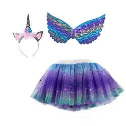 Mädchen Fee Tutu Kleid Kostüm mit Einhorn Stirnband Flügel Kinder Halloween Party Cosplay Prinzessin Dress Up für Alter 3-8 Jahre Gr. One size, B von yeesn