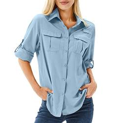 yeyity Hemd Damen UPF 50+ UV Schutz Langarmshirt Damen Outdoor Schnelltrocknend Sommer Shirts Safari Kleidung Wanderhemd Casual Button Down Tops(5071,Blue,2XL) von yeyity