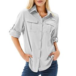 yeyity Hemd Damen UPF 50+ UV Schutz Langarmshirt Damen Outdoor Schnelltrocknend Sommer Shirts Safari Kleidung Wanderhemd Casual Button Down Tops(5071,Grey,XL) von yeyity