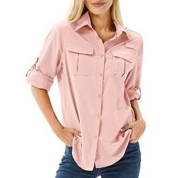 yeyity Hemd Damen UPF 50+ UV Schutz Langarmshirt Damen Outdoor Schnelltrocknend Sommer Shirts Safari Kleidung Wanderhemd Casual Button Down Tops(5071,Pink,XL) von yeyity