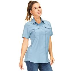 yeyity Hemdbluse Damen Kurzarm UV Schutz Wander Shirt Damen Atmungsaktiv Safari Hemd Schnelltrocknende Outdoorhemd,Sommer Tops (5076,Blue,L) von yeyity