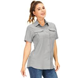 yeyity Hemdbluse Damen Kurzarm UV Schutz Wander Shirt Damen Atmungsaktiv Safari Hemd Schnelltrocknende Outdoorhemd,Sommer Tops (5076,Grey,L) von yeyity