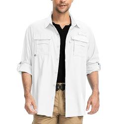 yeyity Outdoor Hemd Herren Langarm Safari Hemd UPF50 UV Schutz Funktionshemd Atmungsaktiv Button Down Hemd Freizeithemd für Wandern Angeln Trekking(5052,White,S) von yeyity