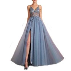 yhfshop Abendkleider Elegant,Sexy Party-Abendkleid mit geteiltem V-Ausschnitt und Perlen,Gray Blue,US22w,Ballkleid Brautjungfernkleider Festkleid von yhfshop