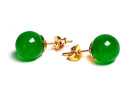 10 mm Perlen 14 Karat 3D Gelbgold natürliche grüne Jade Kugel Ohrringe von yigedan