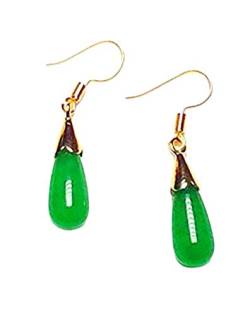 Handgefertigte, natürliche grüne Jade-Ohrringe, 14 Karat vergoldet, baumelnde Haken-Ohrringe von yigedan