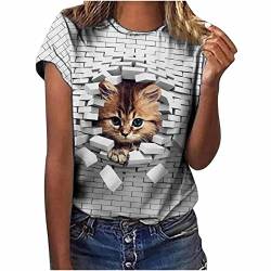 Damen T-Shirt 3D Hund Katze Drucken Kurzarm Rundhals Shirt, Tshirt Damen Sommer Casual Top, Oberteile Damen Lustiges T Shirt mit Tiermotiv Lässige T-Shirts von yiouyisheng