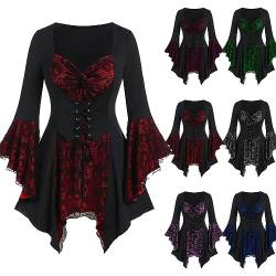 Gothic Oberteil Damen Spitze Totenkopfmotiv Bluse 3/4 Ärmel Shirt Patchwork Tunika Schnürung, Damen Halloween Karneval Fasching Kostüm Hexenbluse Vampir Top von yiouyisheng