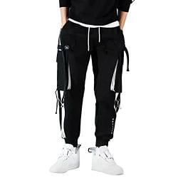 Herren Hip Hop Jogger Cargo Pants Techwear Hosen Baggy Streetwear Punk Hose, Herren Arbeit Kampf Cargohose mit Taschen Schnalle Riemen Herren Freizeit Hose Modisch Schwarz S-5XL von yiouyisheng