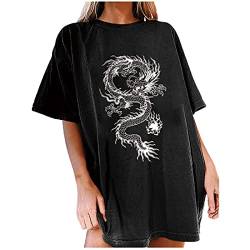 Oversize Shirt Damen Vintage Lang T-Shirt Drachen Sonne Mond Drucken Tshirt Damen Oversize Kurzarm Sommer Oberteile Damen Sommer Große Größen Locker Top von yiouyisheng