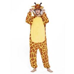 Schlafanzug Damen Einteiler Tier Giraffe Kuh Gepard Karneval Kostüm Flanell Onesie Kuschelig Einteiler Plüsch Jumpsuit Fleece Overall Hausanzug Loungewear Pyjama mit Knöpfen und Kapuze von yiouyisheng