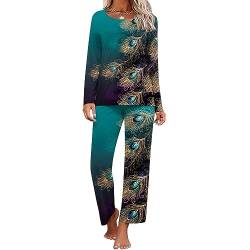 Schlafanzug Damen Lang Bunte Pyjamas Zweiteiliges Set Florale Muster Oberteil Und Hose, Hausanzug Loungewear Freizeitanzug Homewear Pyjama Nachtwäsche Langarm Schlafshirt Pyjamahose von yiouyisheng