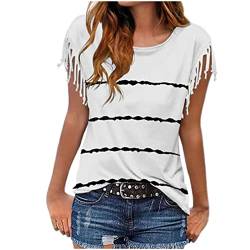 Tshirt Damen Fransen Kurzarm Rundhals Sommer Oberteile Frauen Pullover Lässiges Top, Gestreiftes T-Shirt Modedesign Tee Bluse Shirt Tunika Kurzarmoberteil von yiouyisheng