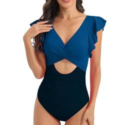 yiouyisheng Damen Badeanzug Rüschen V Ausschnitt Monokini Bauchweg Einteilige Bademode Cut Out Swimsuit Flatterärmel Strandmode mit Cups Monokinis Schwimmanzug Badeanzüge für Damen von yiouyisheng