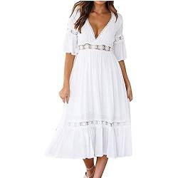 yiouyisheng Damen Chiffonkleid Lang, Abendkleid Maxikleider Damen Kleid Kurzarm V-Ausschnitt Einfarbig Aushöhlen Langes Kleid aus Chiffon, Sommerkleid Damen Bohemien Hohe Taille Lose Strandkleid von yiouyisheng