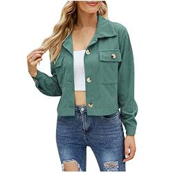 yiouyisheng Damen Cordhemd Kurz Plissee Bluse Knopf Cordbluse Loses Hemd Revers Freizeithemd Langarm Top Einfarbig Cordjacke Teenager Mädchen Hemdjacke Rosa Grün von yiouyisheng