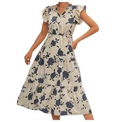 yiouyisheng Damen Sommerkleid Lang Gestuftes Midikleid Gesmokte Taille Strandkleid Sommer V-Ausschnitt Freizeitkleid Rüsche Kurzarm Urlaubskleid Frauen Elegant Partykleid von yiouyisheng