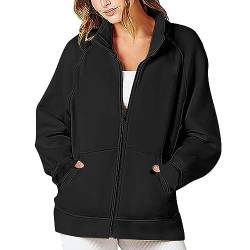 yiouyisheng Damen Sweatshirt Stehkragen Langarm Reißverschluss Jacke mit Taschen, Sweatjacke Damen Ohne Kapuze Sport Herbst Winter Herbstjacke Zipper Übergangsjacke von yiouyisheng