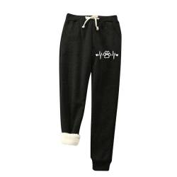 yiouyisheng Damen Warme Gefütterte Jogginghose Hundepfote und Herzschlag-Muster Thermo Fleece Hosen Winter Verdickte Laufhose Freizeithose mit Kordelzug Innenfutter Sweathose mit Taschen von yiouyisheng