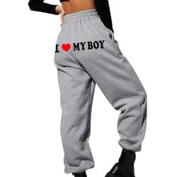 yiouyisheng I Love My Boy Print Sweatpants Damen Jogginghose High Waist Sporthose Herbst Winter Laufhose Mädchen Trainingshose Streetwear Sweathose mit Taschen von yiouyisheng