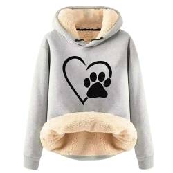 yiouyisheng Kapuzenpullover Gefüttert Damen Warm Fleece Hoodie Herzschlag-Hundepfoten-Muster Sweatshirt Mit Kapuze Winter Plüschpullover Casual Lose Fleecepullover Sweatshirts für Frauen und Mädchen von yiouyisheng