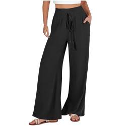 yiouyisheng Leinenhose Damen Sommer Lang Leinen Hose Weites Bein Sommerhose Leicht Freizeithose Bequeme Stoffhose Yogahose Casual Einfarbig Hippie High Waist Strandhose mit Kordelzug und Taschen von yiouyisheng