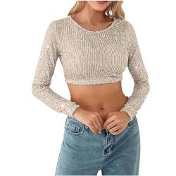 yiouyisheng Pailletten Crop Top Damen Langarm T-Shirt Schlank Kurzes Top Sexy Glitzer Oberteile Mädchen Party Club Crop Tops Bauchfreies Oberteil Y2K Streetwear Einfarbig von yiouyisheng