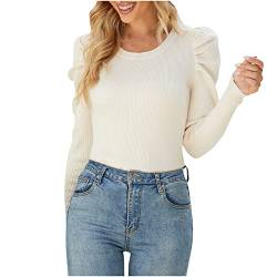 yiouyisheng Pullover Damen Langarm Plissee Strickpullover Rundhals Top Knit Sweater Frühling Herbst Winter Jumper Teenager Mädchen Elegant Bluse Langarmshirt Oberteile von yiouyisheng