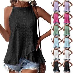 yiouyisheng Tank Top Damen Ärmellos mit Rüschen Kurzarm Ösenstoff Top Damen Elegant Oberteile Sommer Rundhals Ausschnitt Bluse Damen 2024 von yiouyisheng