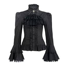 Viktorianische Bluse Damen Gothic Lolita Hemd Vintage Langarm Lotus Rüschen Tops, schwarz, Groß von yiranyijiu