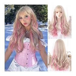 Perücke Lange gewellte lockige Perücke mit Pony, blonde Strähnchen rosa lockige Perücke for Frauen Mädchen Lolita Cosplay Perücke natürliche hitzebeständige Partyperücke Frauen Perücken von yixinzi-2024