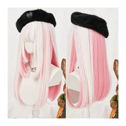 Perücke Synthetische Cosplay-Perücke, lange, glatte Haarperücke mit Pony, seidige, gerade, weiße, rosafarbene Mädchenperücke, hitzebeständige Faser-Synthetikperücke Frauen Perücken von yixinzi-2024