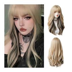 Perücke Synthetische lange gewellte lockige Haarperücken mit Pony, blonde Highlights, schwarze Lolita-Cosplay-Party-Perücken, natürliche lockige, hitzebeständige Perücken for Frauen und Mädchen Frauen von yixinzi-2024