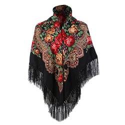 yruphome Damen Warme Halstuch Retro Blumenmuster Schal Russischer Pawlow Posad Schal Umschlagtuch Drucken Poncho Große Platz Nacken Kopfschal Mit Fransen Hochwertige Stola (Schwarz) von yruphome