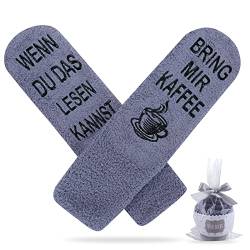 Socken mit Spruch Damen, Frauen Kuschelsocken, Socken mit Rutschfester Aufschriftung WENN DU DAS LESEN KANNST BRING MIR KAFFEE, Lustige Kuschelsocken, Geschenke für Frauen zum Weihnachten (Grau) von yumcute