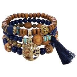 yuwqqoajv 4 teiliges Armband Set mit Holzperlen, Eleganz und Schönheit, Geschenk für Ihre Lieben, Armband mit 6 cm Durchmesser, Perlenarmband, Dunkelblau von yuwqqoajv