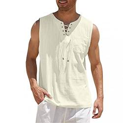 Herren Leinenhemd Ärmellos Sommer Hemd Shirt Strandhemd Bandage Kragenloses Shirts Tank Tops Basic Mann Tshirt Leinen Lose Atmungsaktiv Bequem Freizeithemd Strand Top von zhandouji