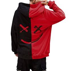 zhaojiexiaodian Unisex Hoodie Basic Kapuzenpullover Herren Hoody Herren mit Kapuze Kaputzenpulli Smiley-Sweatshirt Sweatshirt Pullover Rundhals Sweatjacke Kängurutasche Lässige Hip Hop(Rot+Schwarz,M) von zhaojiexiaodian