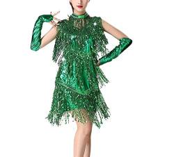 zhbotaolang Pailletten Frauen Lateinisches Tanz Kostüm - Bühnenkollektion Quaste Kleid Tango Rumba Gymnastic V-Ausschnitt (Grün,XL) von zhbotaolang