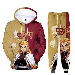 zhedu Unisex Anime Demon Slayer Hoodie Set 2 Stück Sweatshirt + Hose Herren Damen Cosplay Anzug (3XL,Rengoku Kyoujuro) von zhedu