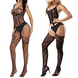 2 Stück Netz-Bodystocking Damen Schwarze Dessous Blumenspitze Bodysuit Befestigte Strümpfe für Dessous Party Date Tragen, Ouvert Catsuit Sexy Reizwäsche, Einheitsgröße Babydoll Netzstrumpfhose Schwarz von zhibeisai