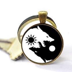 Handgefertigter Ying Yang Wolf Schlüsselanhänger Schwarz und Weiß Sonne und Mond Schmuck Schwarz und Weiß Tierschmuck von zhouyudong