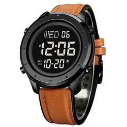 ZOLOHONI Herren-Leder-Armbanduhr, digitale Armbanduhr für Herren, 12-24-Stunden-LED-Alarm, Countdown-Armbanduhr für Herren, braun von zolohoni