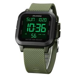 zolohoni Quadratische Herren-Digitaluhr, große Ziffern, großes Zifferblatt, wasserdichte LED-Armbanduhr, Grünes Band von zolohoni